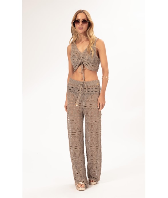 Calca Tricot Lurex Rendado Ouro