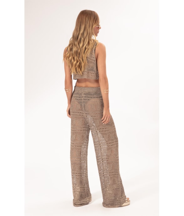 Calca Tricot Lurex Rendado Ouro