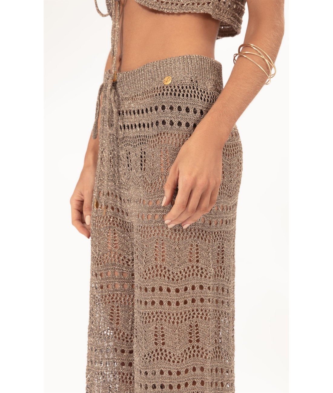 Calca Tricot Lurex Rendado Ouro