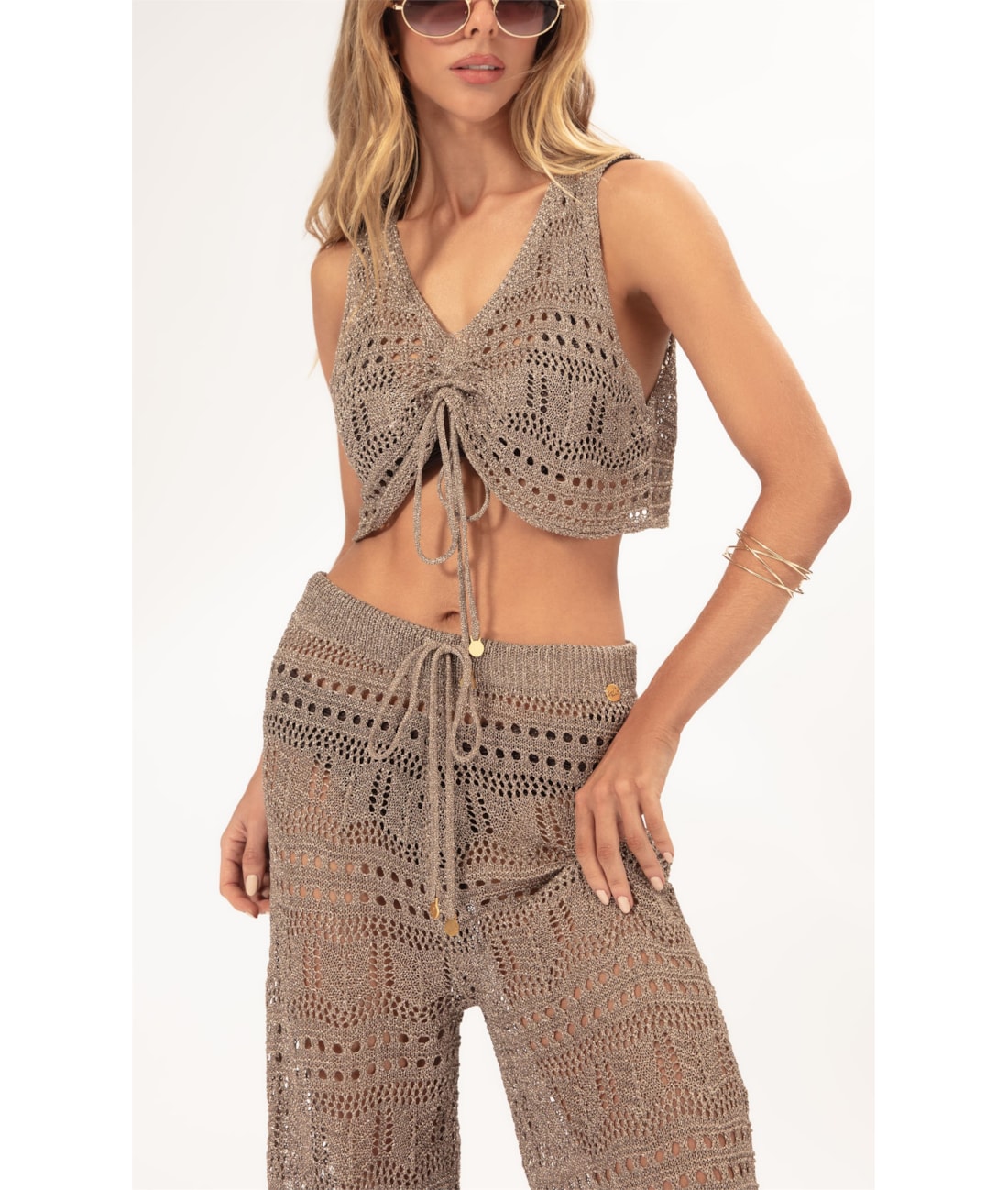 Calca Tricot Lurex Rendado Ouro