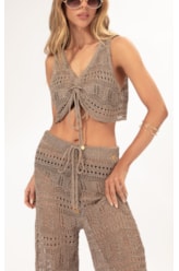 Calca Tricot Lurex Rendado Ouro