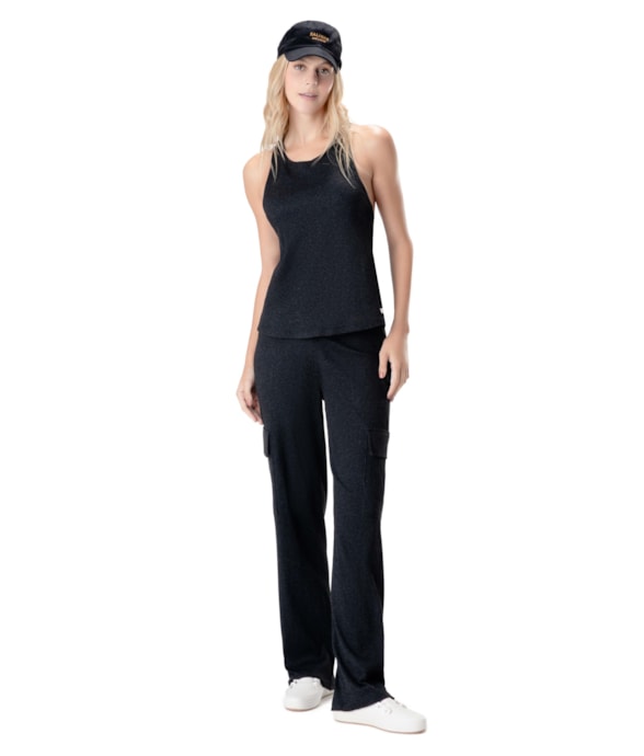 Calça Visco Crepe Preto Mescla