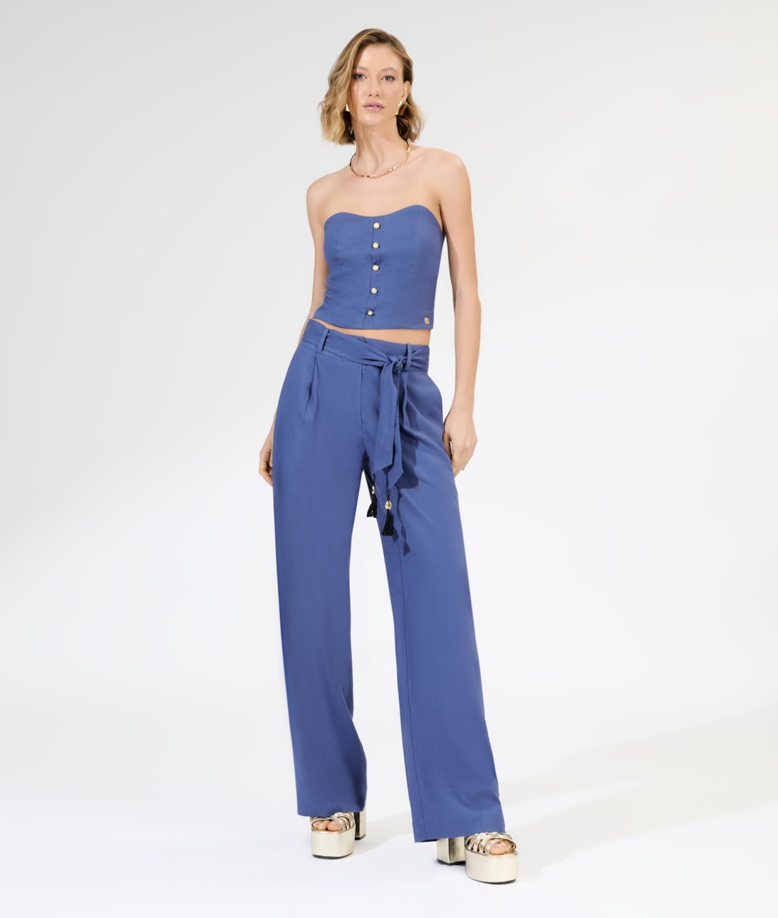 Calça Wide Leg Cambraia Lb Faixa Azul Pervante