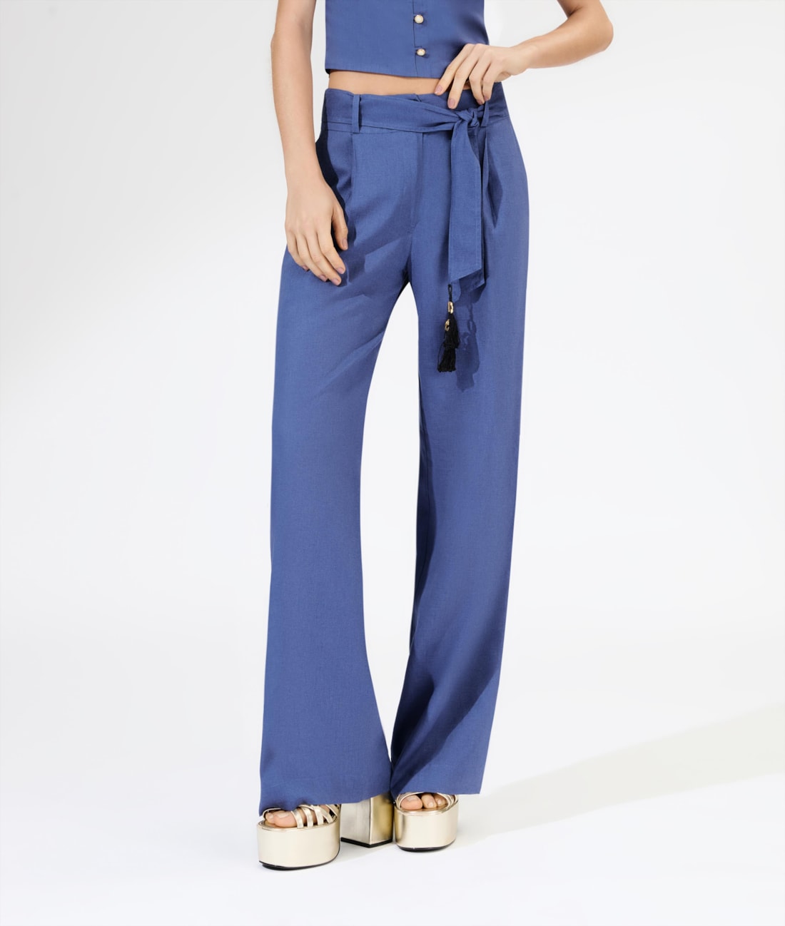 Calça Wide Leg Cambraia Lb Faixa Azul Pervante