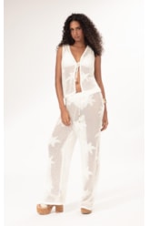 Calça Wide Leg Jacquard Floral Off White