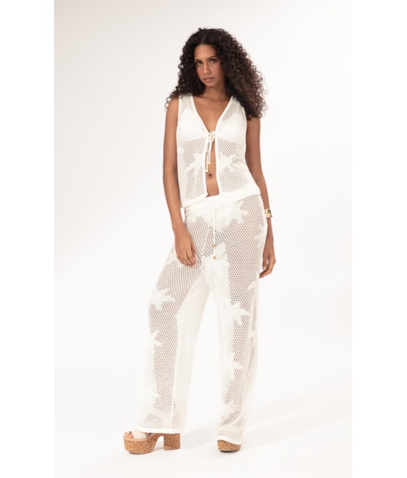 Calca Wide Leg Jacquard Floral Off White