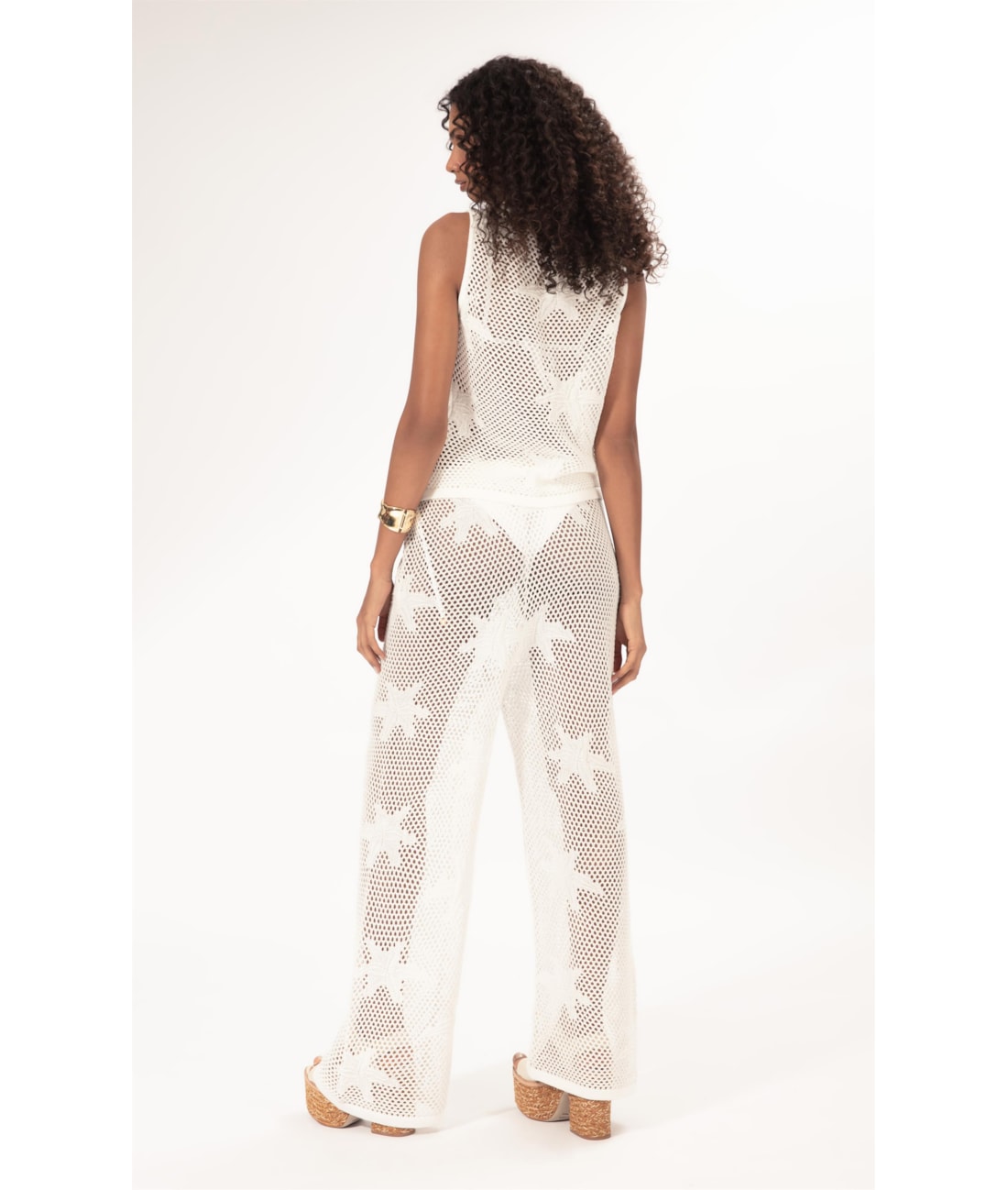 Calça Wide Leg Jacquard Floral Off White