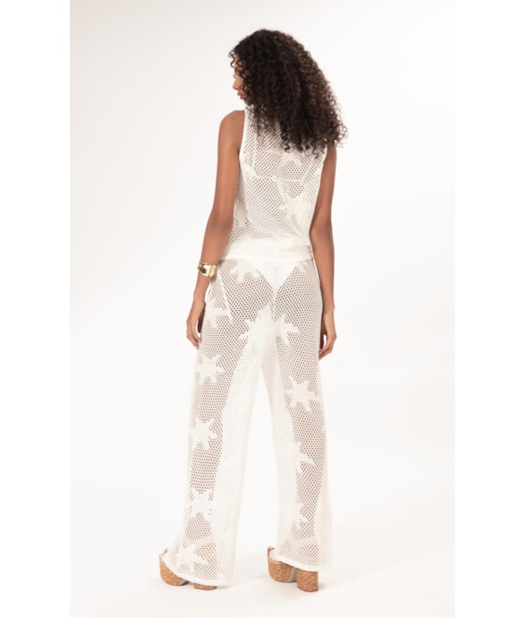 Calca Wide Leg Jacquard Floral Off White