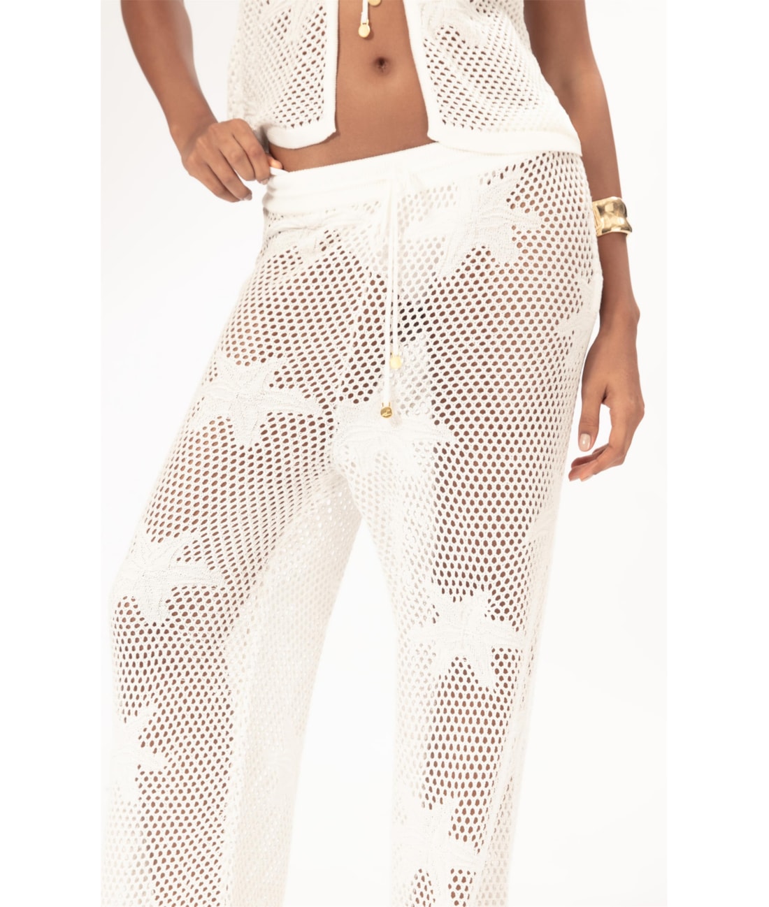 Calça Wide Leg Jacquard Floral Off White
