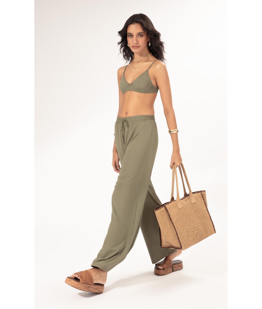 Calça Wide Leg Jersey Verde Oliva