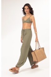Calça Wide Leg Jersey Verde Oliva