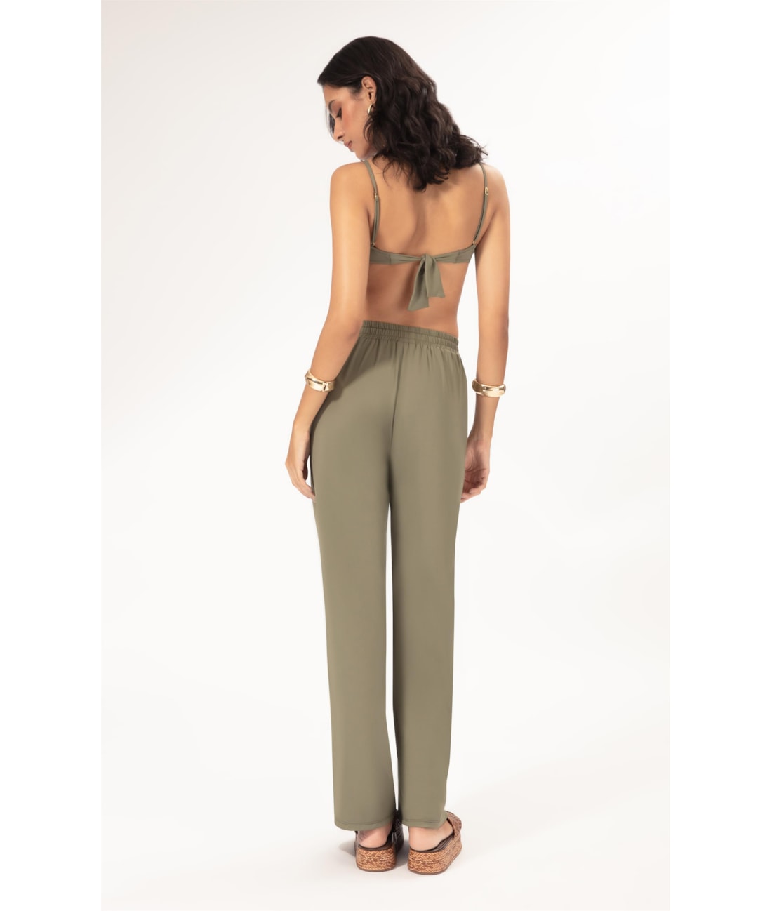 Calça Wide Leg Jersey Verde Oliva