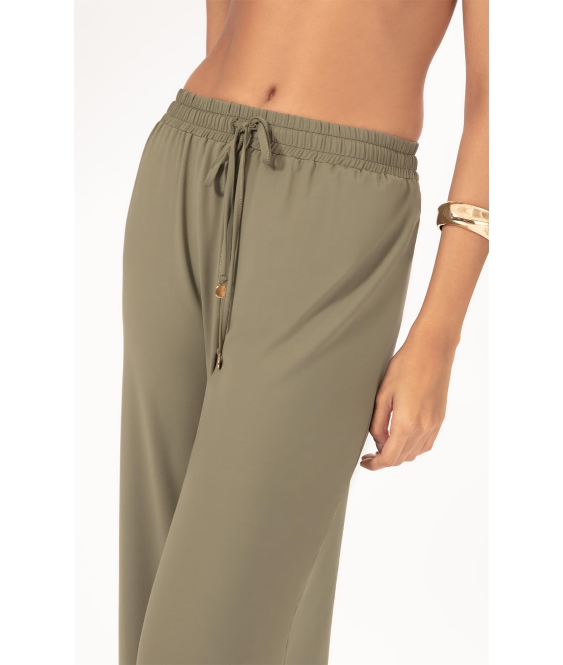 Calça Wide Leg Jersey Verde Oliva