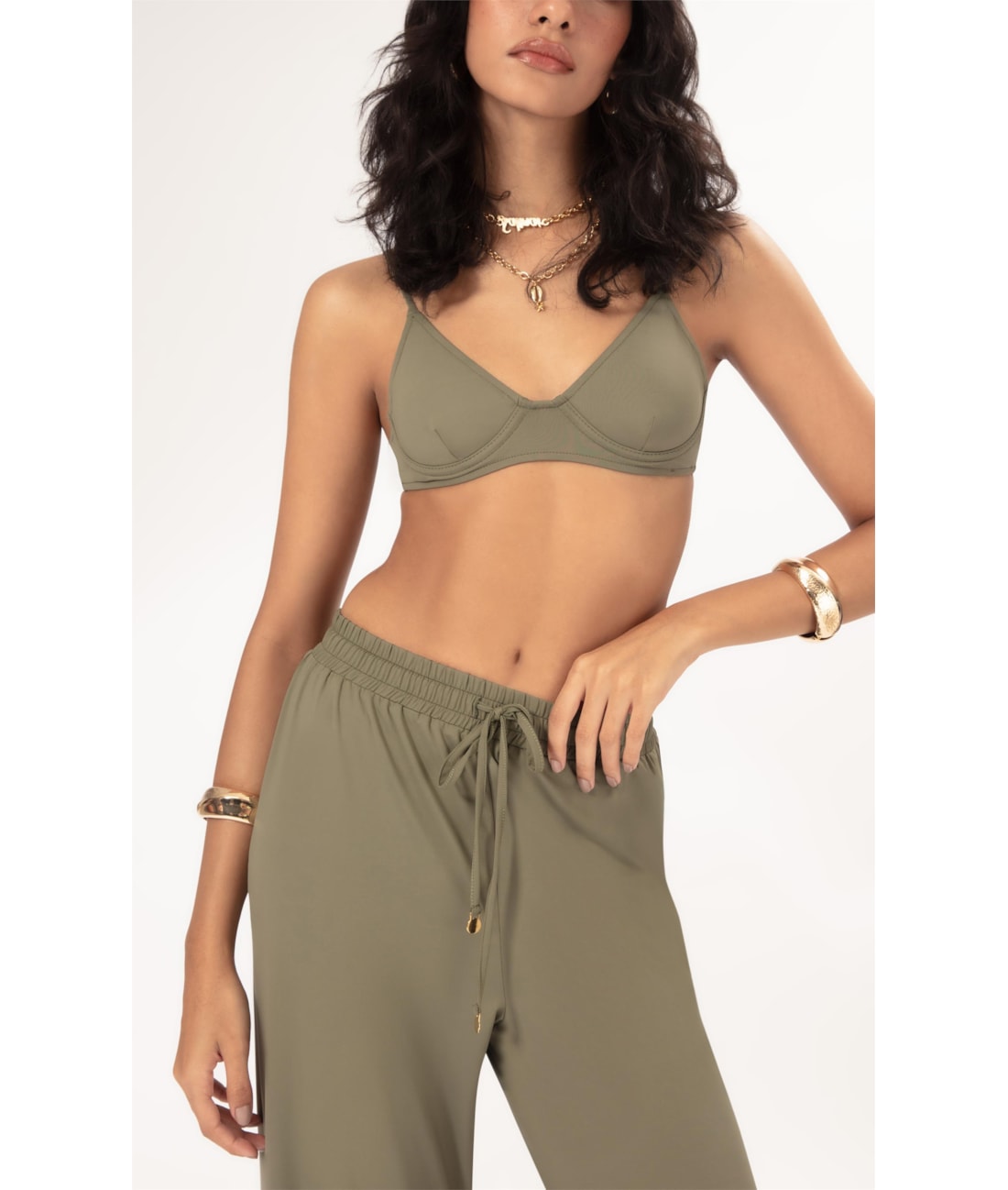 Calça Wide Leg Jersey Verde Oliva