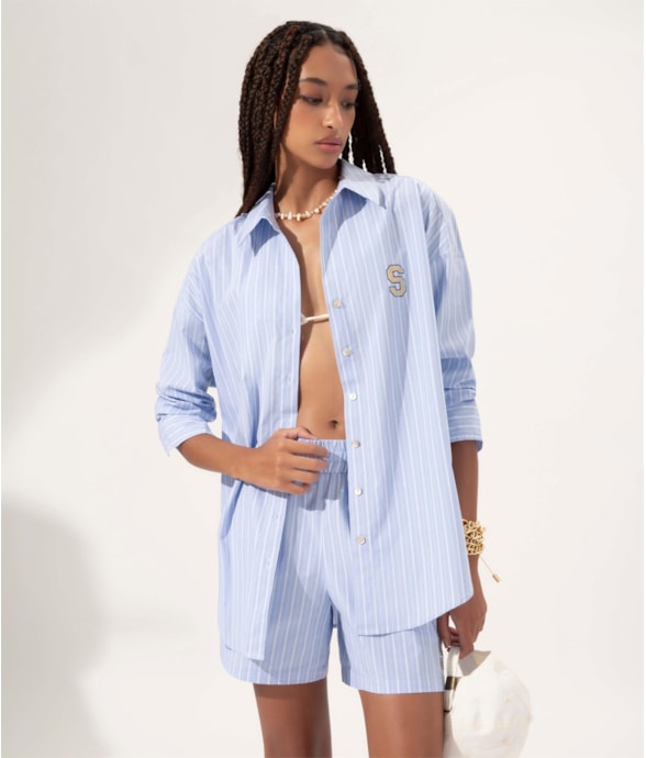 Camisa Over Cotton Stripes Azul Bic