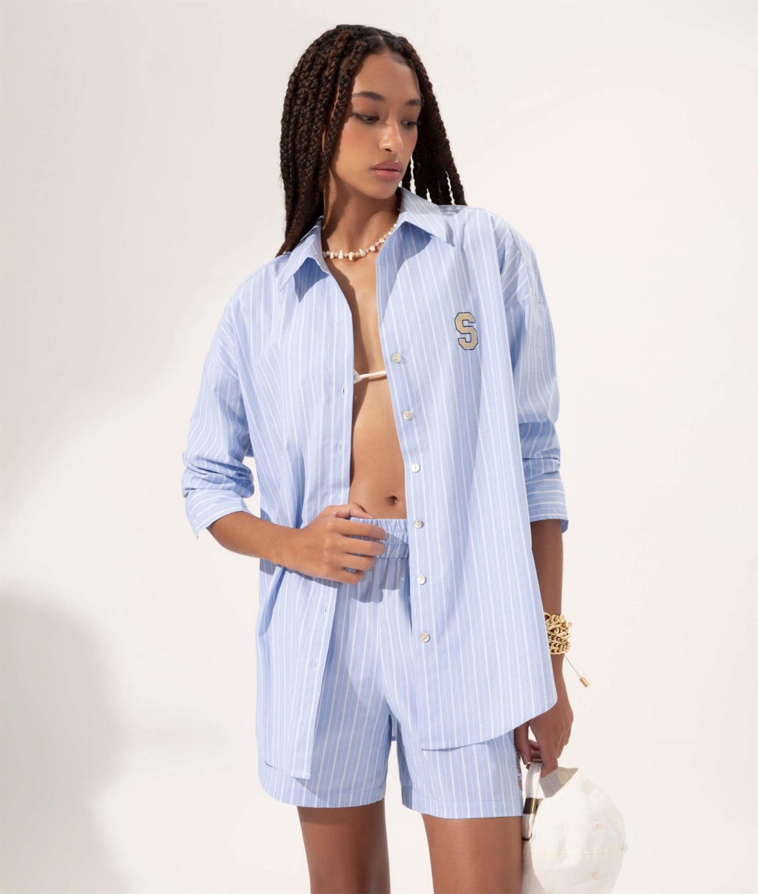 Camisa Over Cotton Stripes Azul Bic