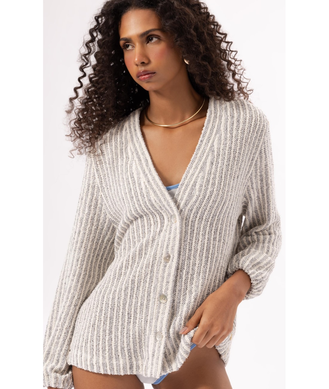 Cardigan Cozy Stripes Azul Jeans Mescla