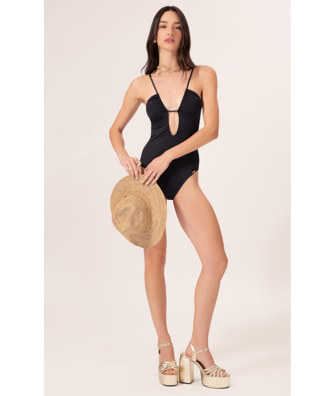 Maiô Decote Franzido Draping Preto
