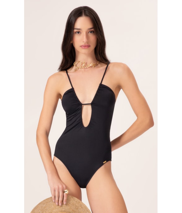 Maiô Decote Franzido Draping Preto