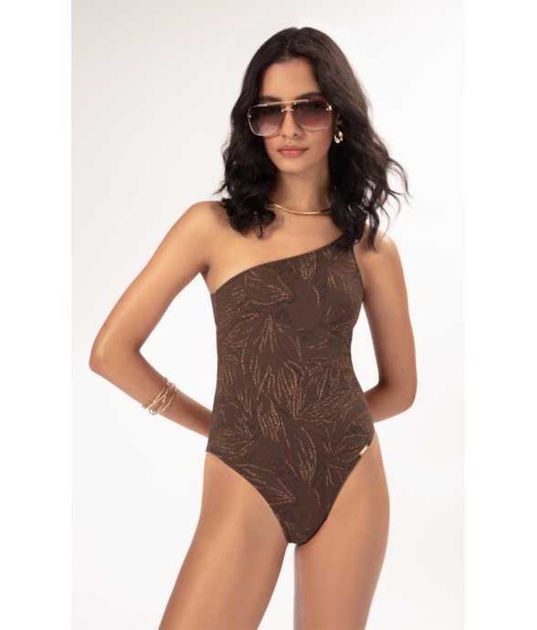 Maiô Um Ombro Só Jacquard Foliage Cafe