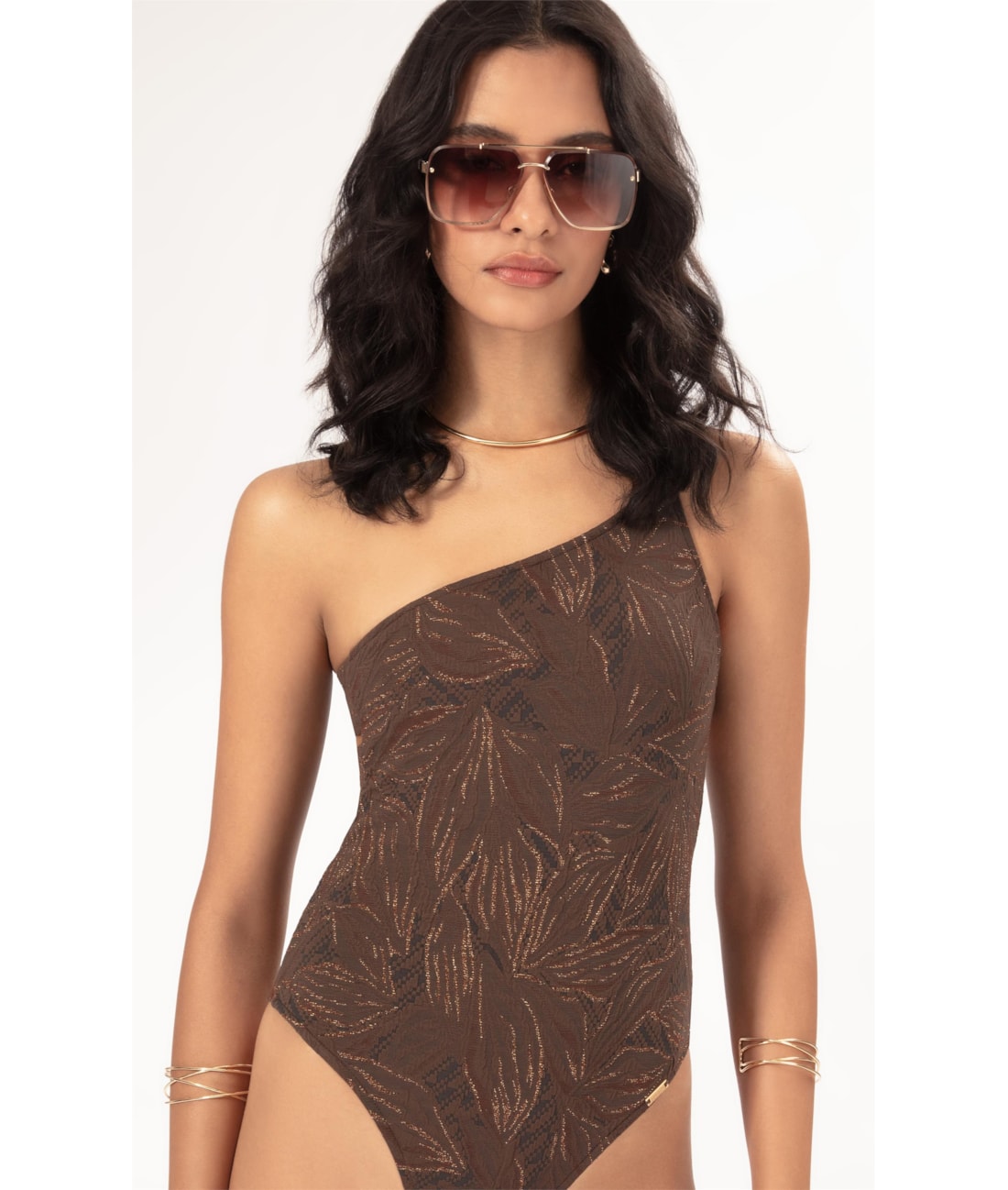 Maiô Um Ombro Só Jacquard Foliage Cafe