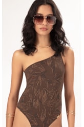 Maiô Um Ombro Só Jacquard Foliage Cafe