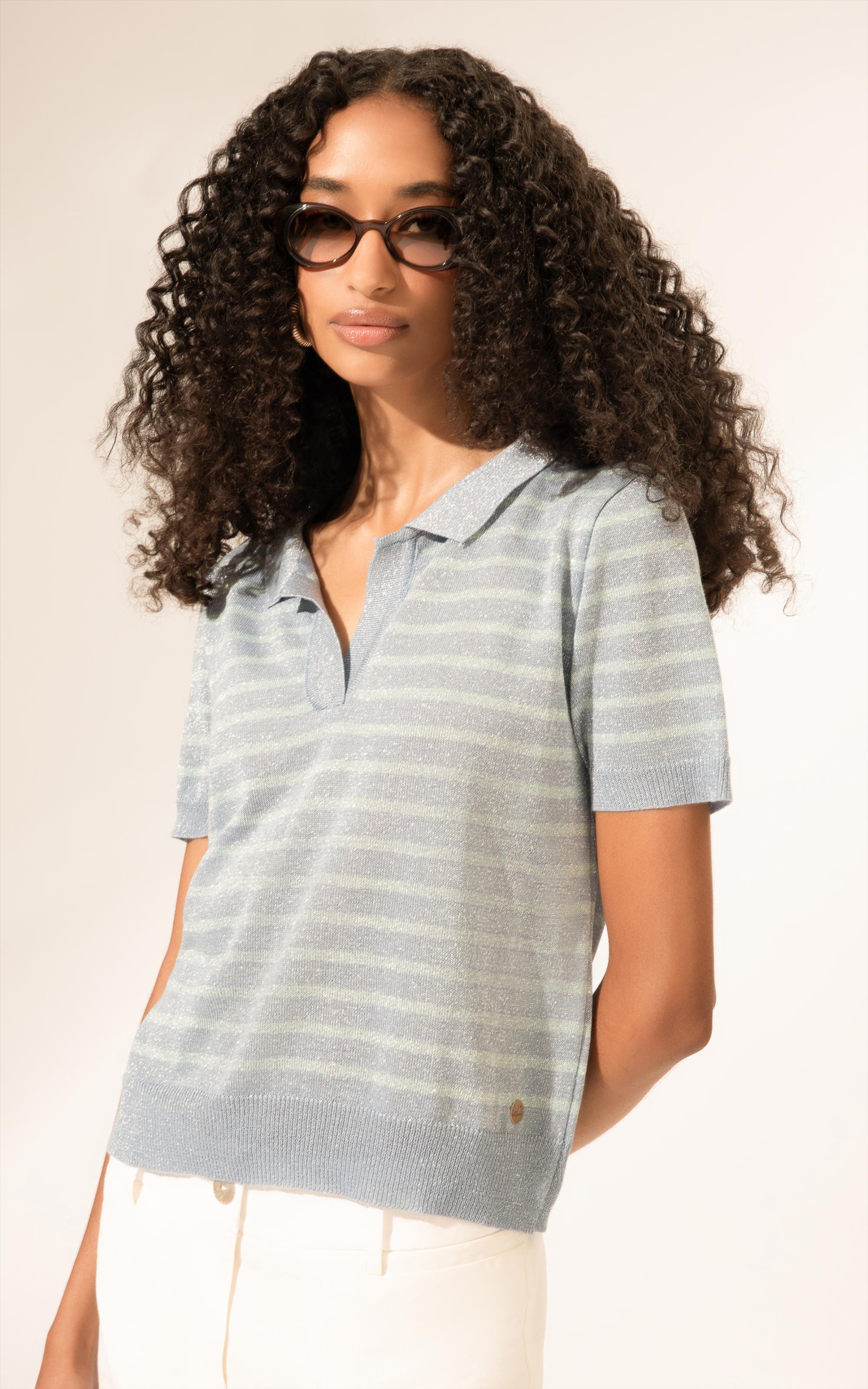 Polo Tricot Listrado Sparkle Azul Claro