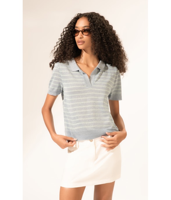Polo Tricot  Listrado Sparkle Azul Claro