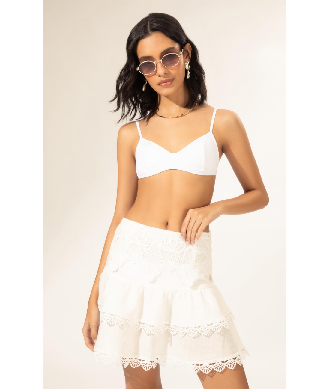Saia Curta Linen Guipuire Branco