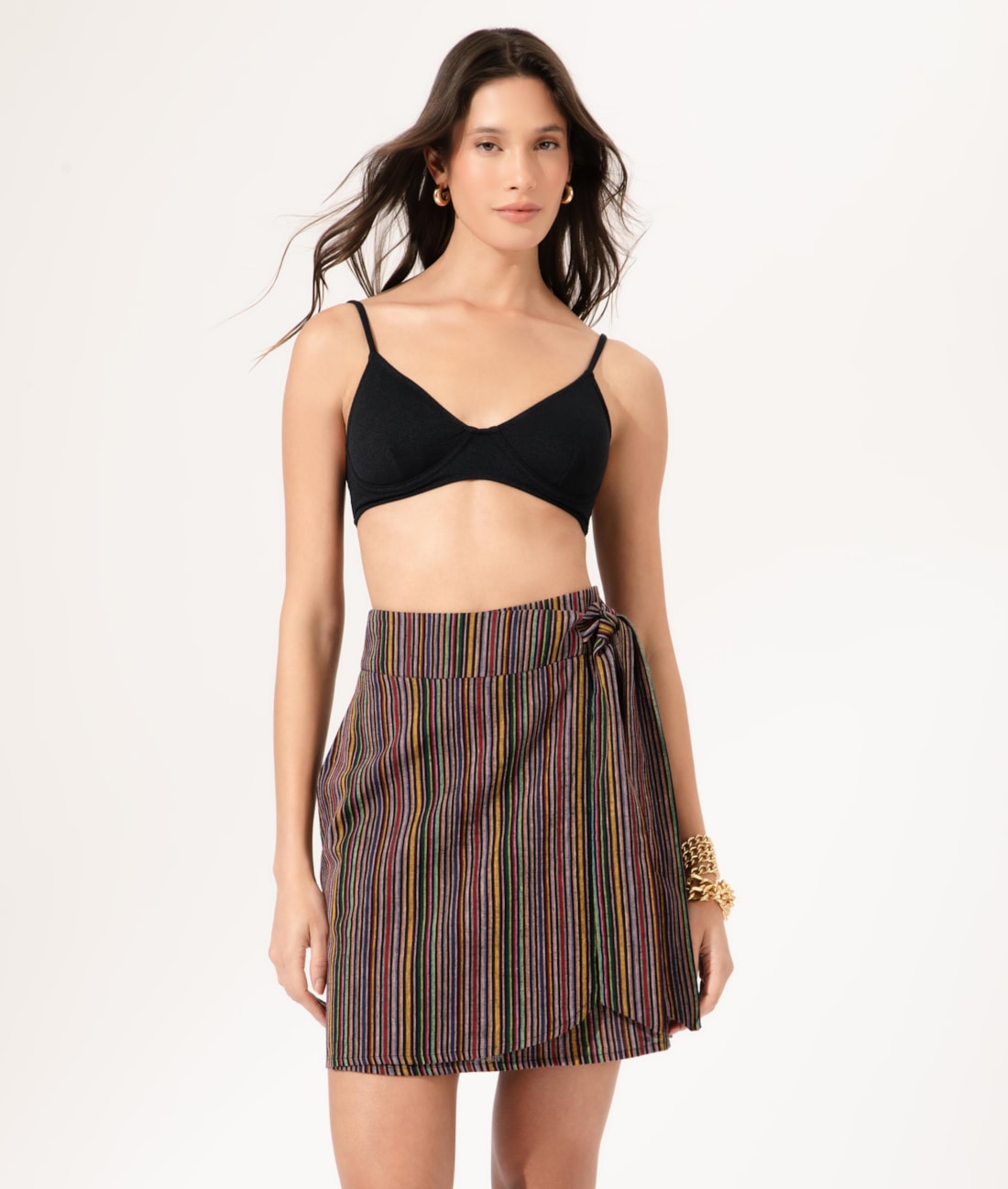 Saia Curta Linen Stripes Preto