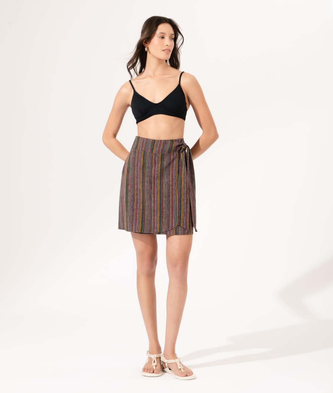 Saia Curta Linen Stripes Preto