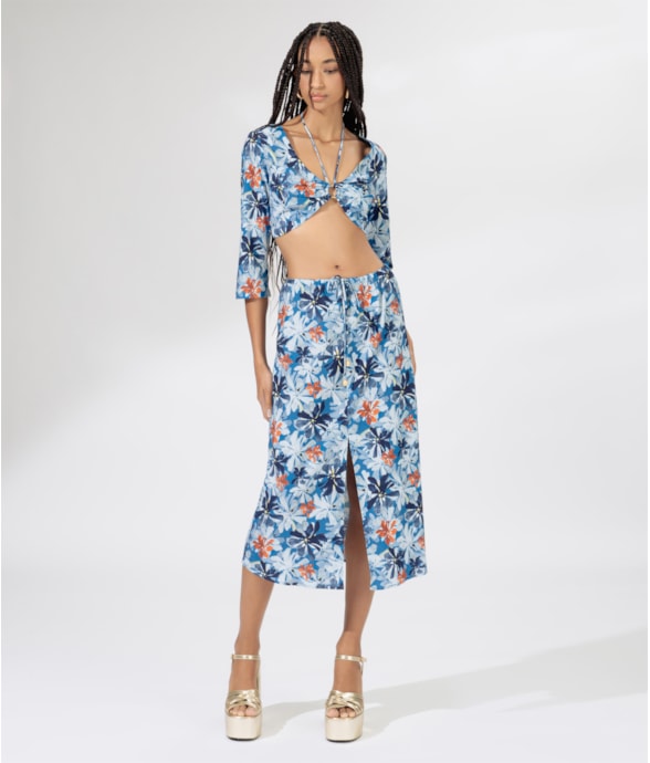 Saia Midi Blossom Azul Bic