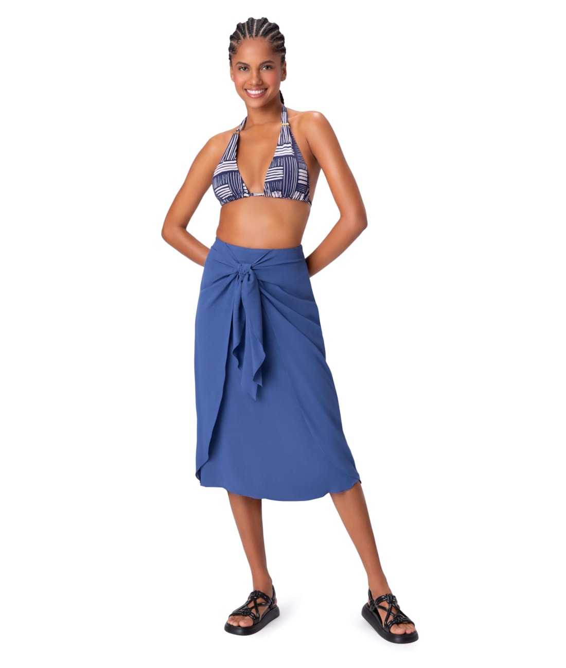 Saia Midi Crepe Slub Azul Bic
