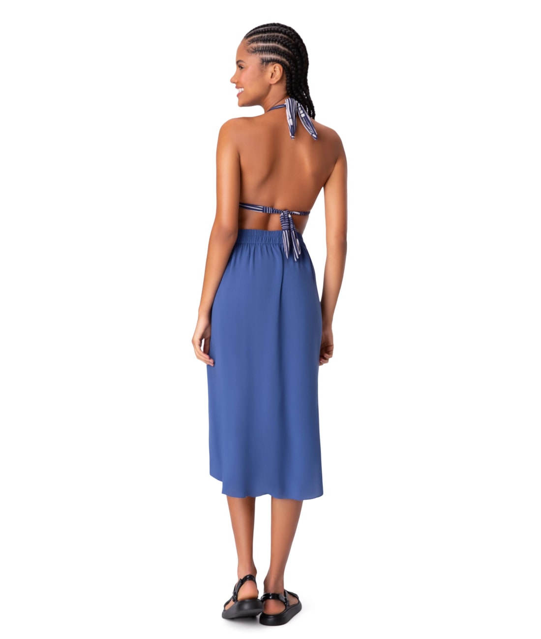 Saia Midi Crepe Slub Azul Bic