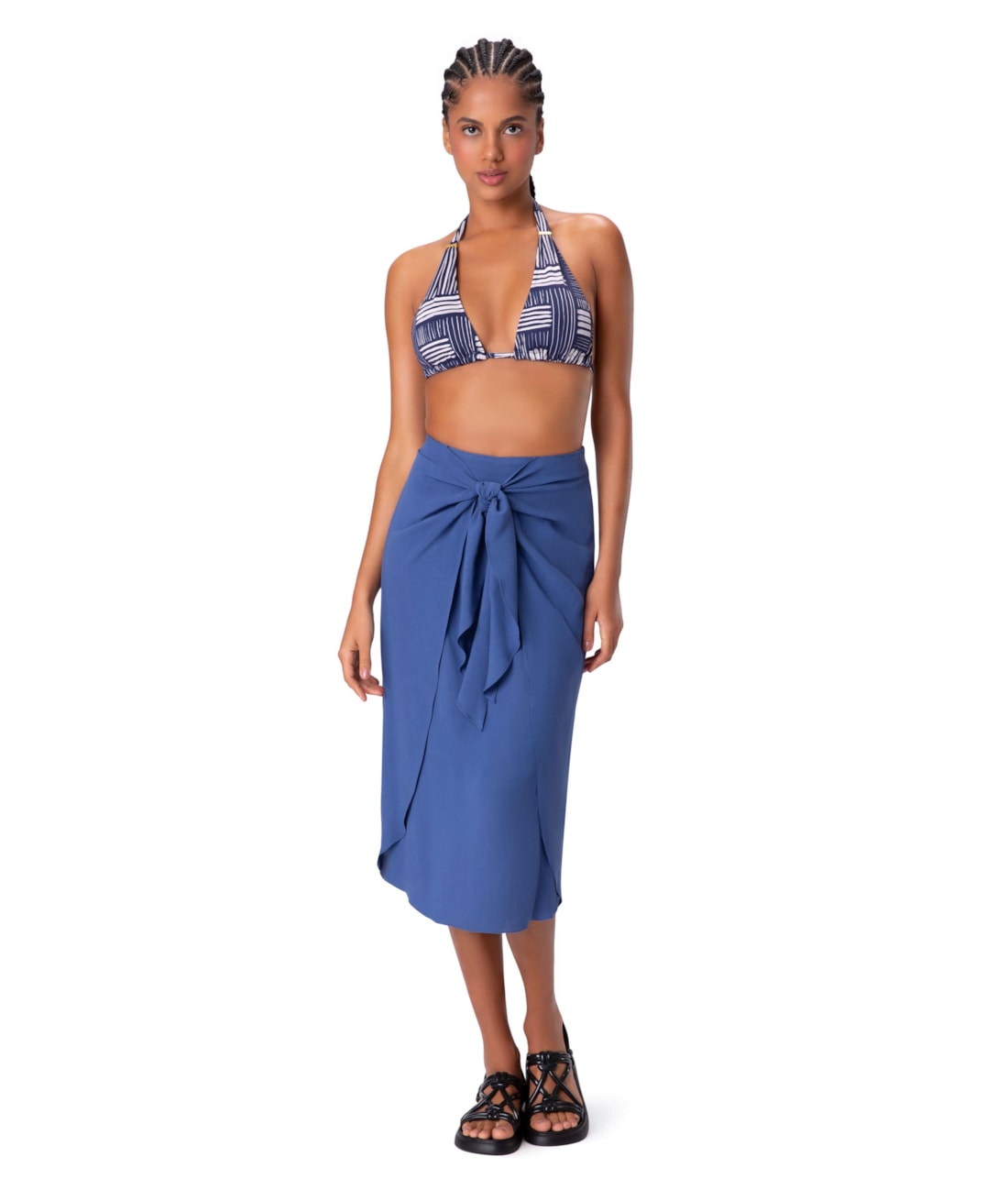 Saia Midi Crepe Slub Azul Bic