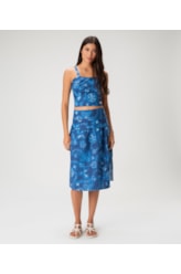 Saia Midi Linen Print Azul Bic