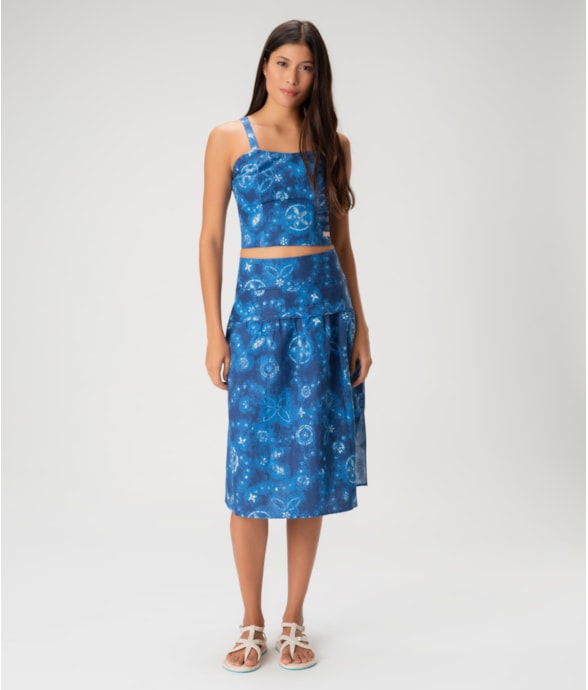 Saia Midi Linen Print Azul Bic
