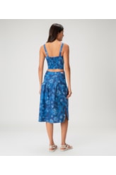 Saia Midi Linen Print Azul Bic