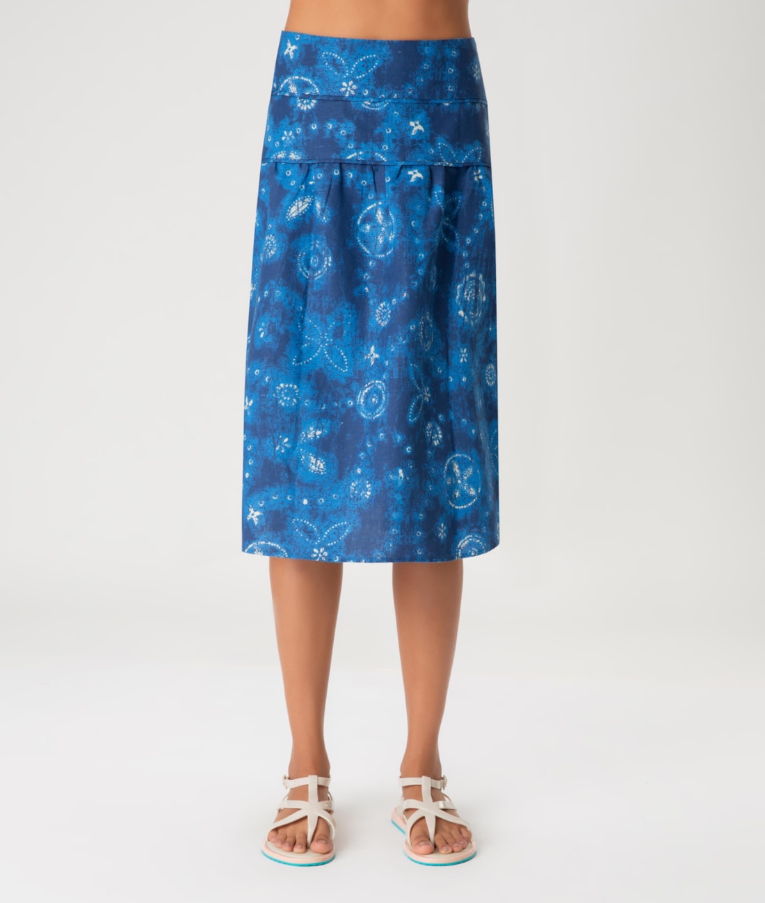 Saia Midi Linen Print Azul Bic