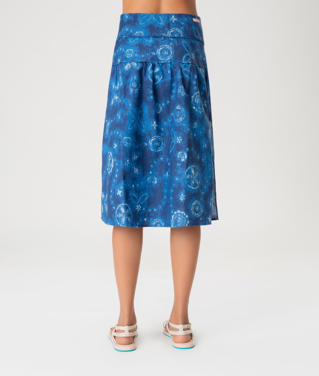 Saia Midi Linen Print Azul Bic