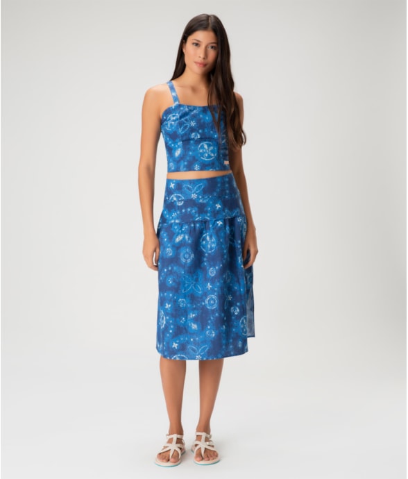 Saia Midi Linen Print Azul Bic