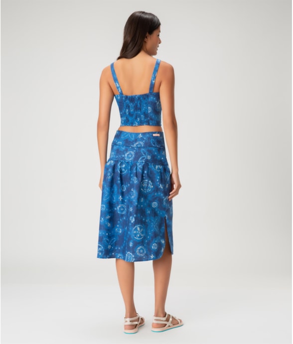 Saia Midi Linen Print Azul Bic