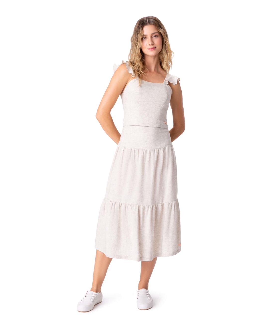 Saia Midi Recortes Heavy Linen Natural