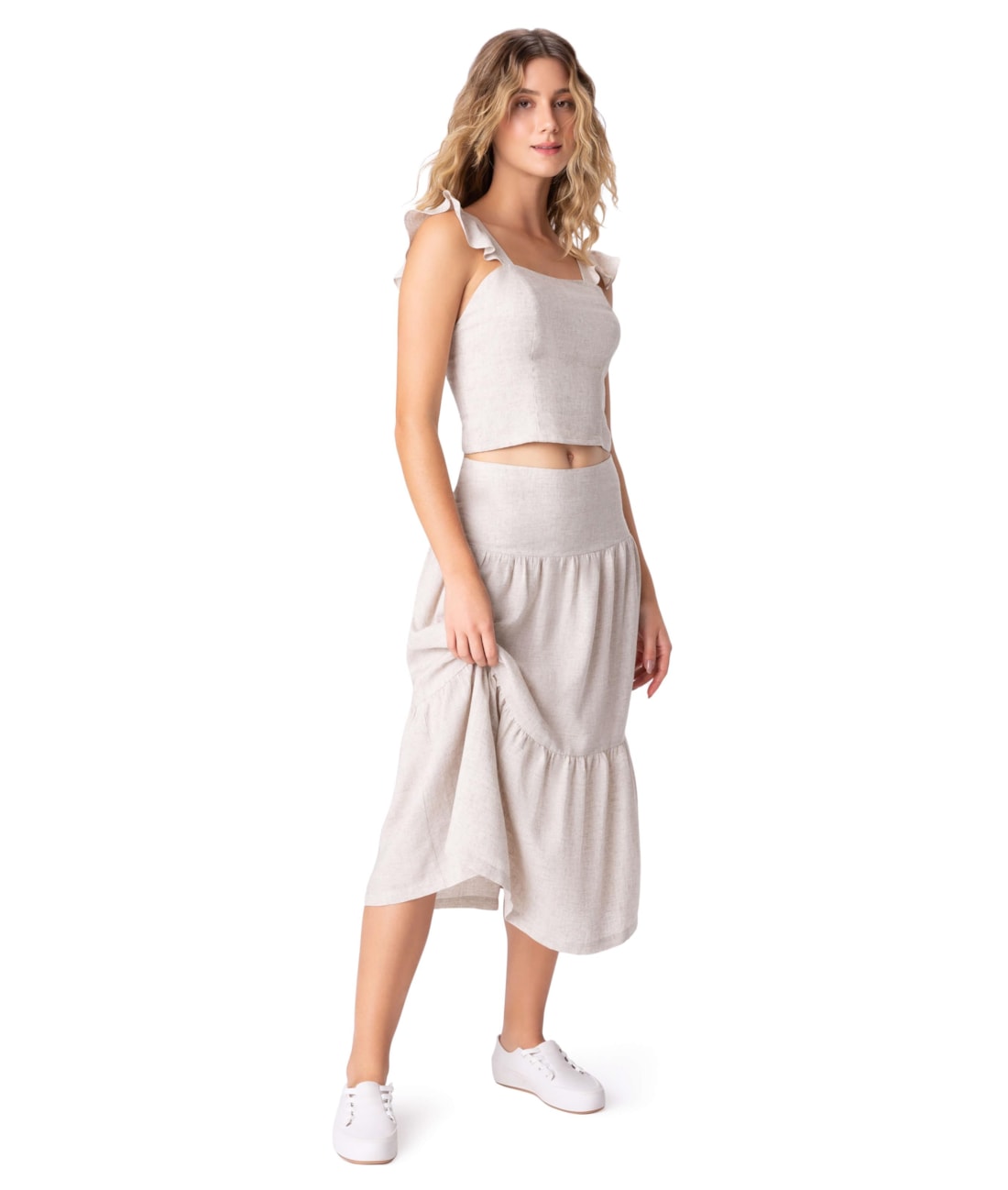 Saia Midi Recortes Heavy Linen Natural