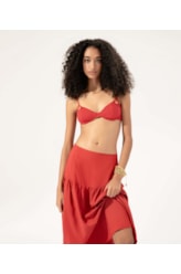 Saia Midi Recortes Linen Blend Vermelho