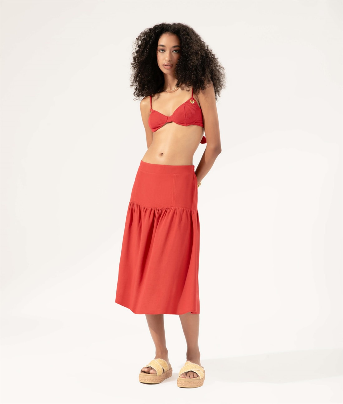 Saia Midi Recortes Linen Blend Vermelho