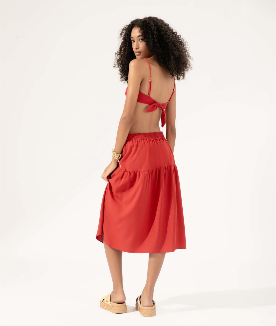 Saia Midi Recortes Linen Blend Vermelho