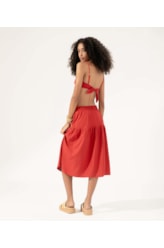 Saia Midi Recortes Linen Blend Vermelho
