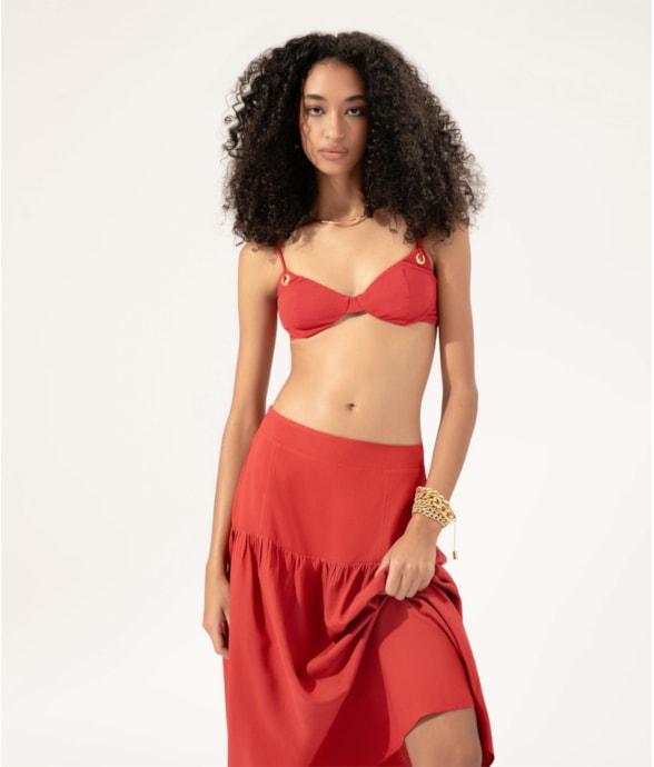 Saia Midi Recortes Linen Blend Vermelho