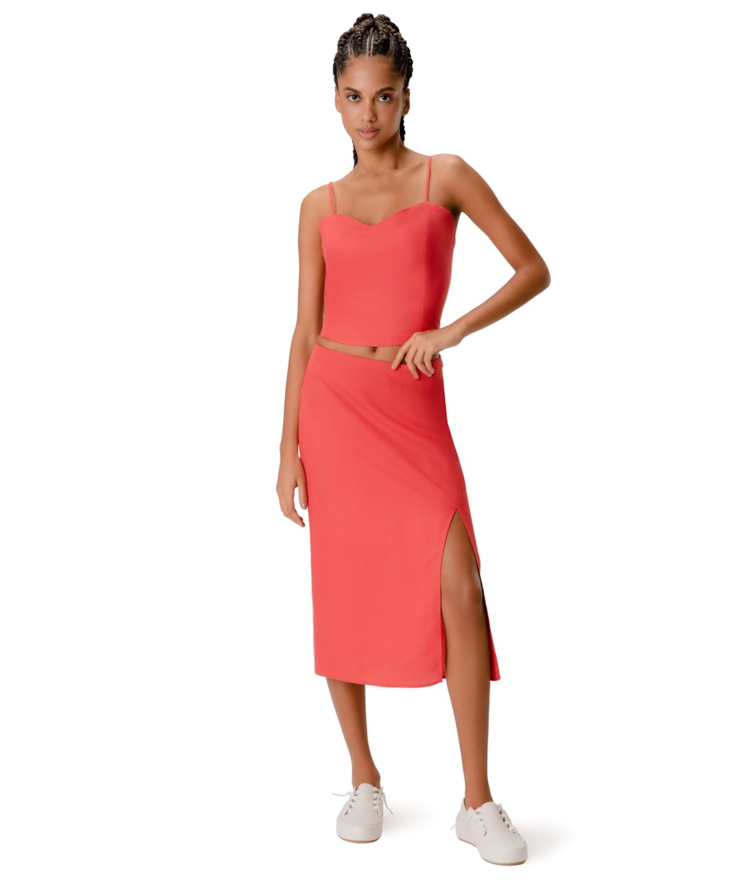 Saia Midi Social Linen Vermelho